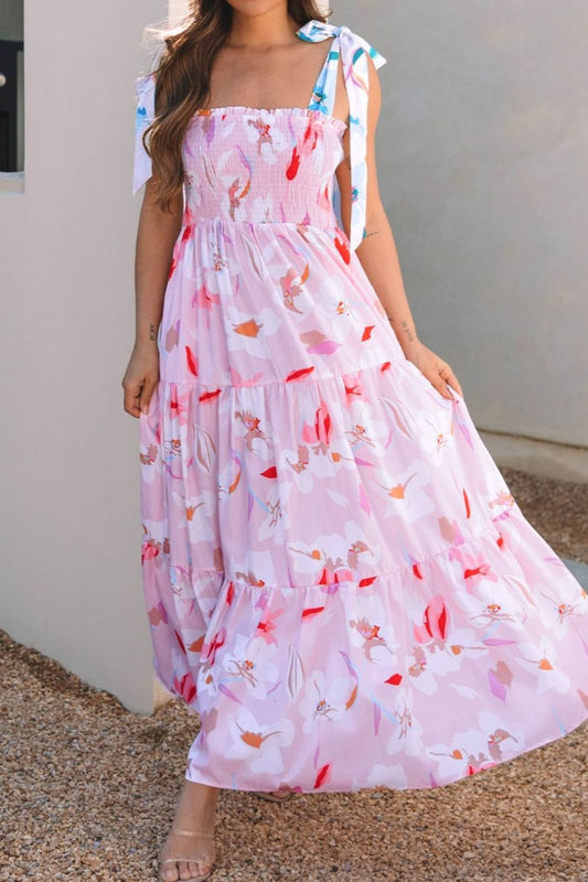 Floral Print Knotted Shoulder Smocked Maxi Dress Flare