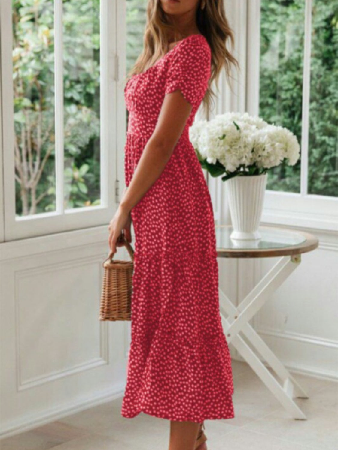 Printed Square Neck Short Sleeve Midi Dress red side