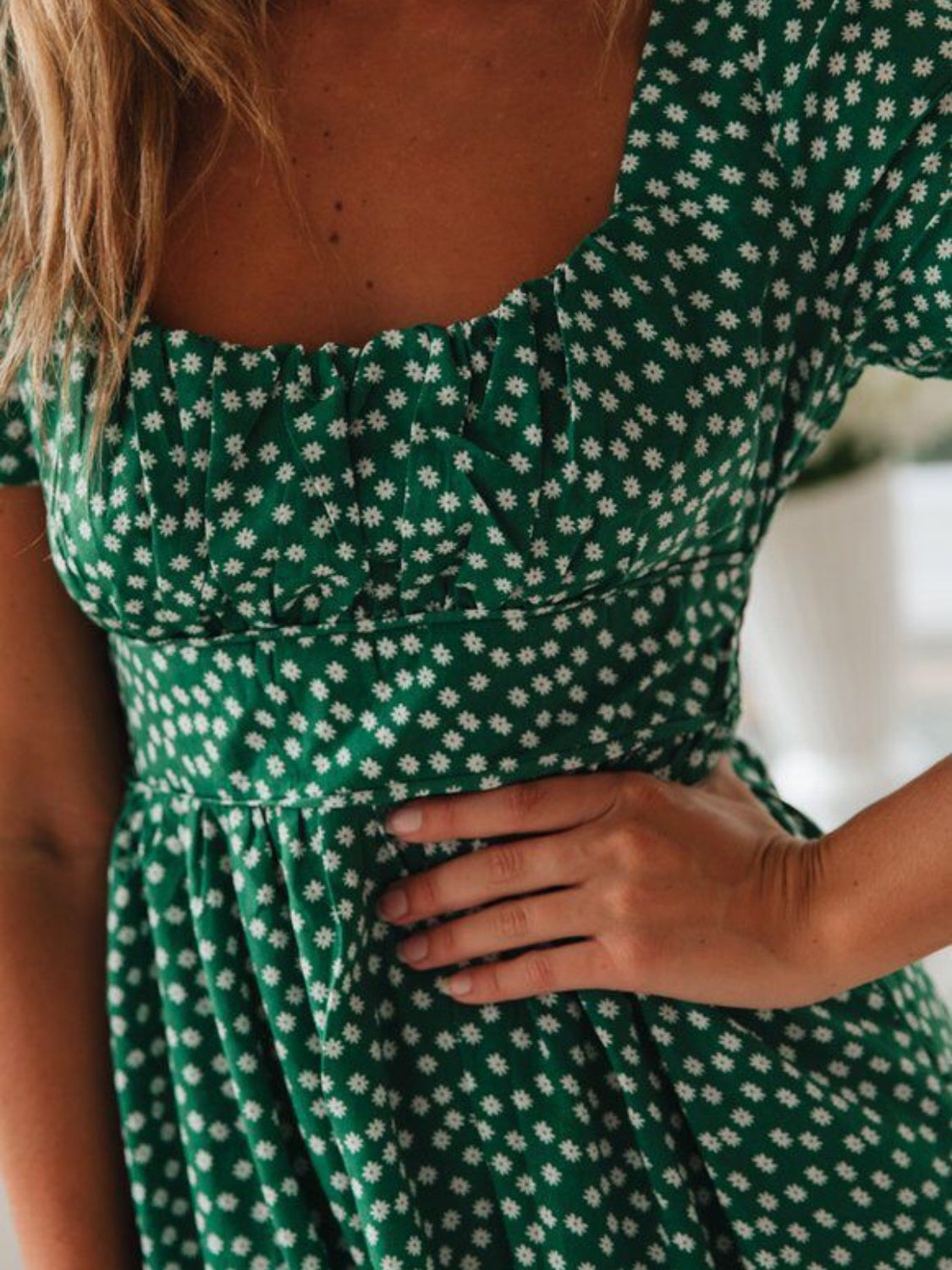 Printed Square Neck Short Sleeve Midi Dress zoom