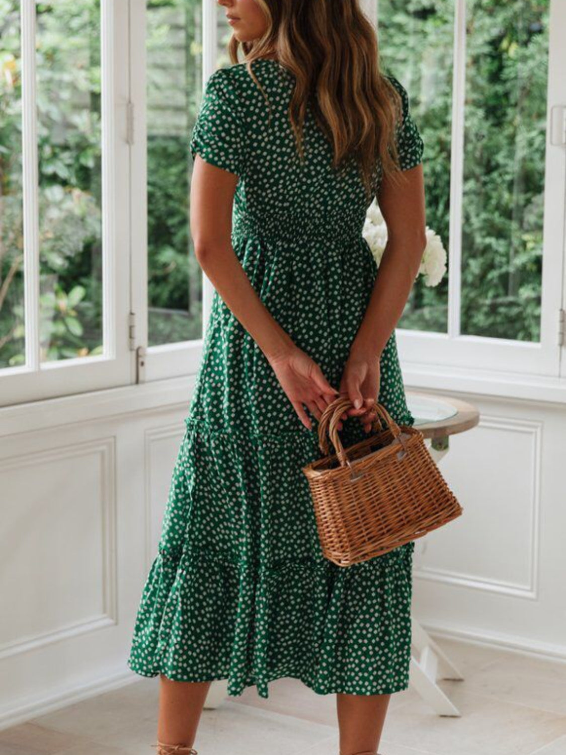 Printed Square Neck Short Sleeve Midi Dress back