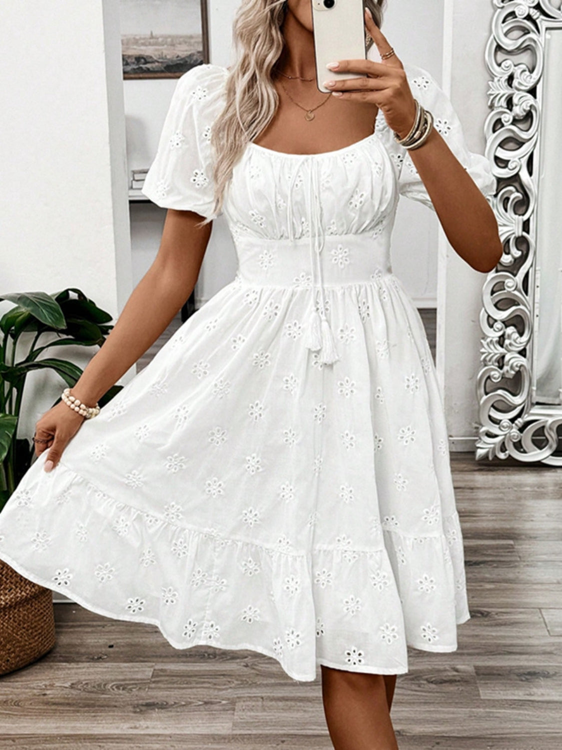 Smocked Eyelet Square Neck Puff Sleeve Mini Dress flare