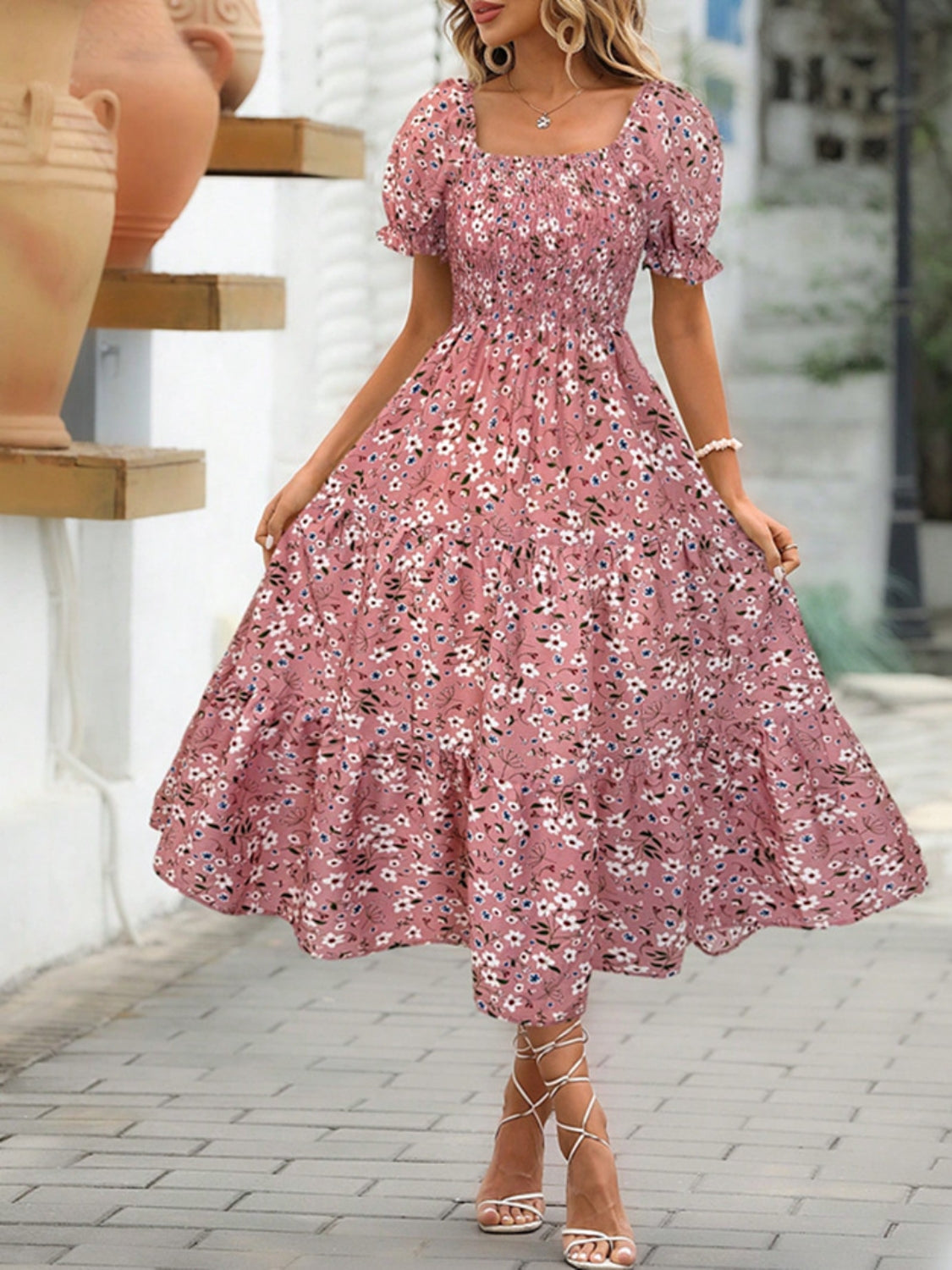 Floral Square Neck Short Sleeve Tiered Dress flared