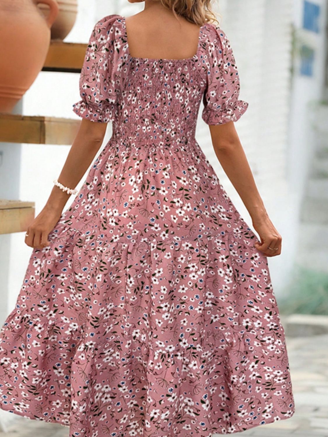 Floral Square Neck Short Sleeve Tiered Dress back flared