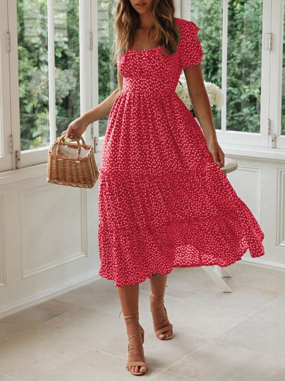 Printed Square Neck Short Sleeve Midi Dress red front
