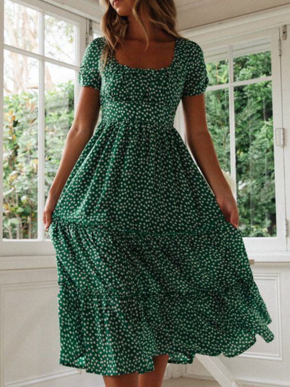 Printed Square Neck Short Sleeve Midi Dress flare