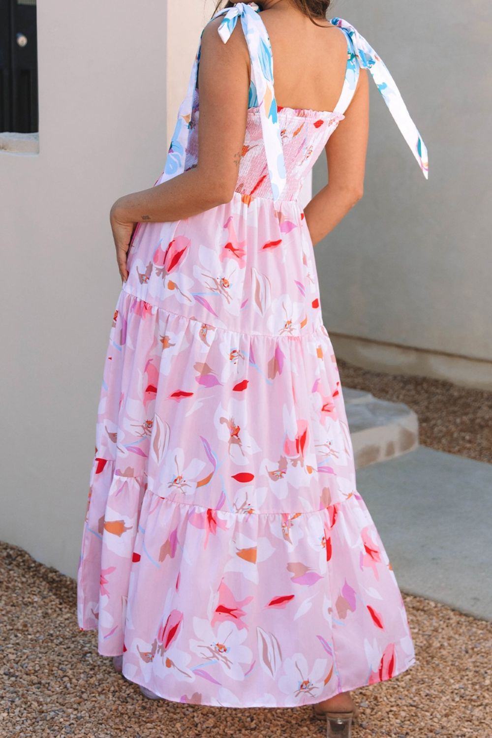 Floral Print Knotted Shoulder Smocked Maxi Dress Back