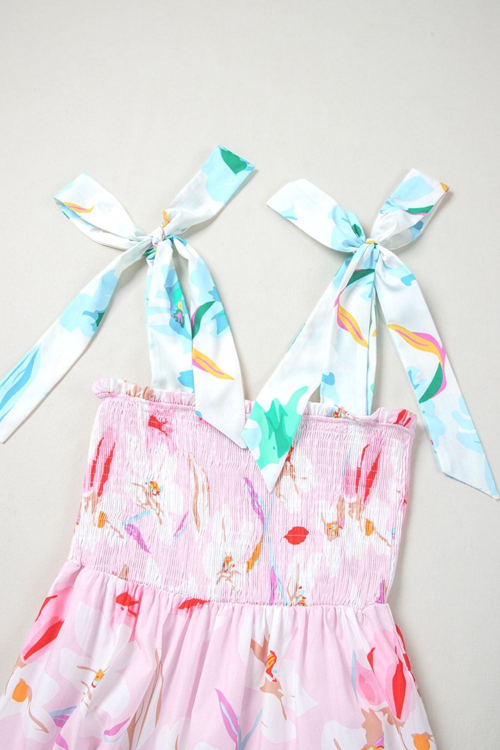 Floral Print Knotted Shoulder Smocked Maxi Dress Flat