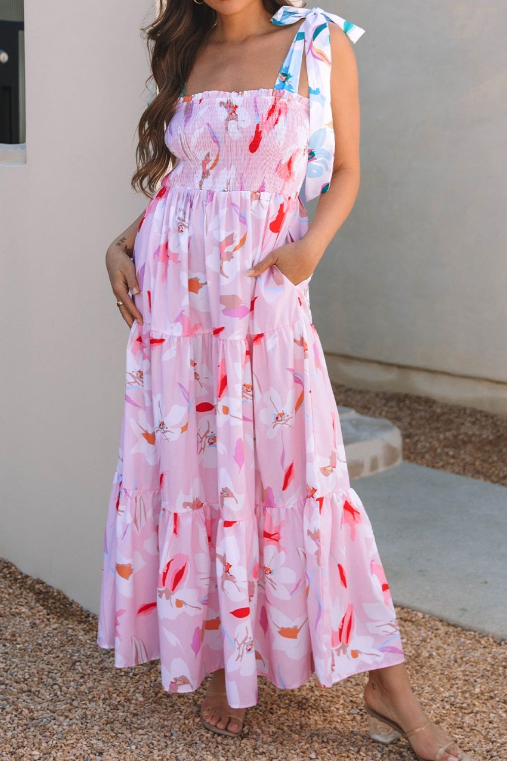 Floral Print Knotted Shoulder Smocked Maxi Dress Hip
