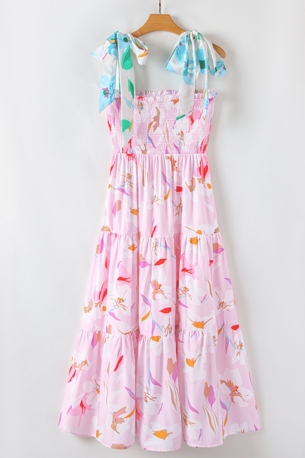 Floral Print Knotted Shoulder Smocked Maxi Dress Hung