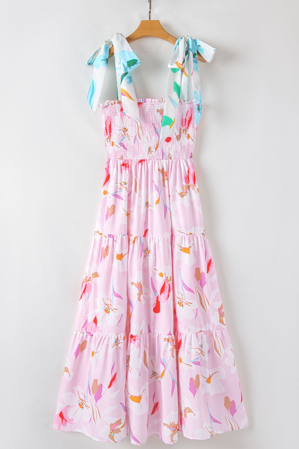Floral Print Knotted Shoulder Smocked Maxi Dress Hung Back