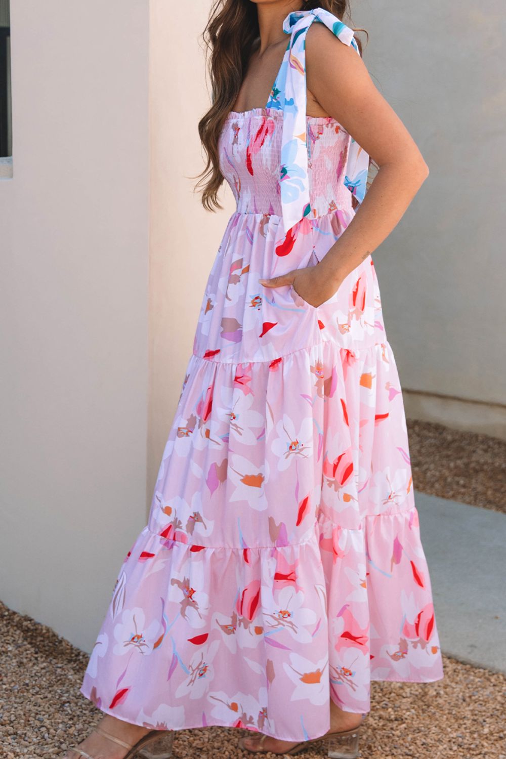Floral Print Knotted Shoulder Smocked Maxi Dress Pockets