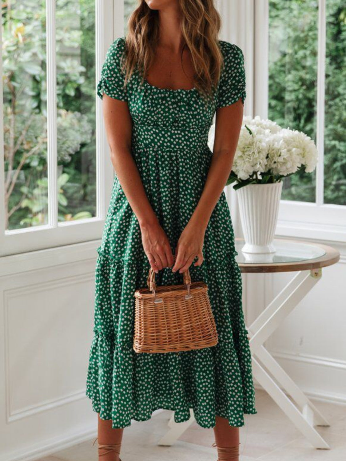 Printed Square Neck Short Sleeve Midi Dress accents 