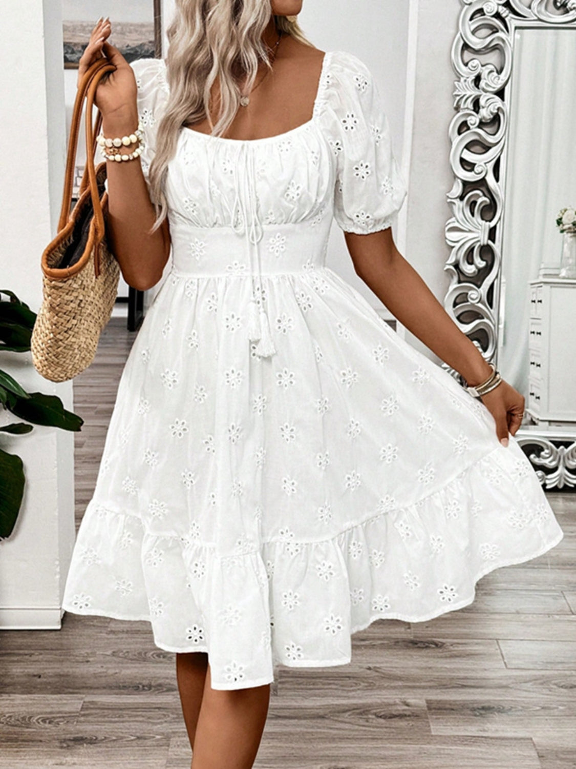 Smocked Eyelet Square Neck Puff Sleeve Mini Dress flare