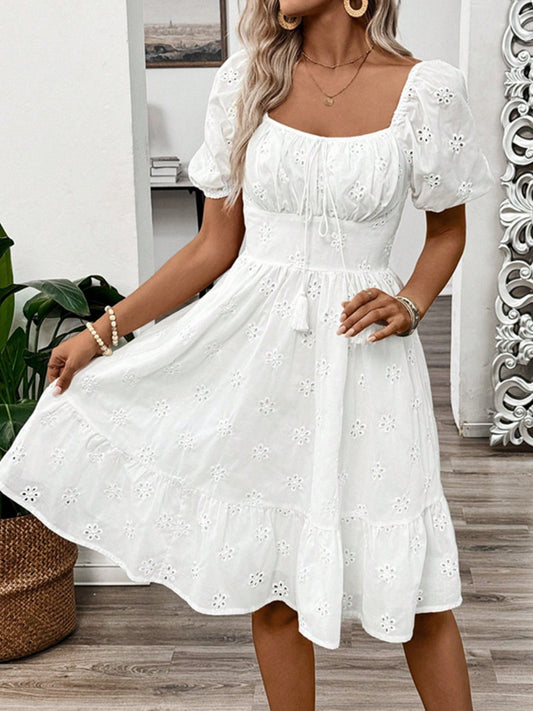 Smocked Eyelet Square Neck Puff Sleeve Mini Dress front