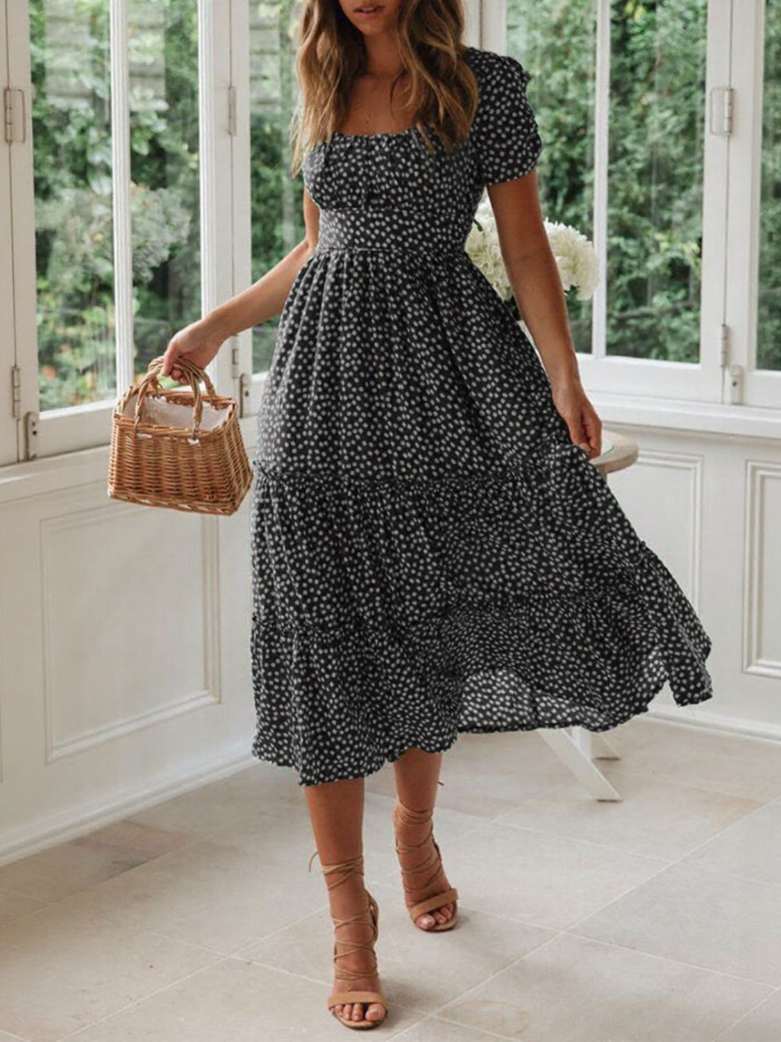 Printed Square Neck Short Sleeve Midi Dress black