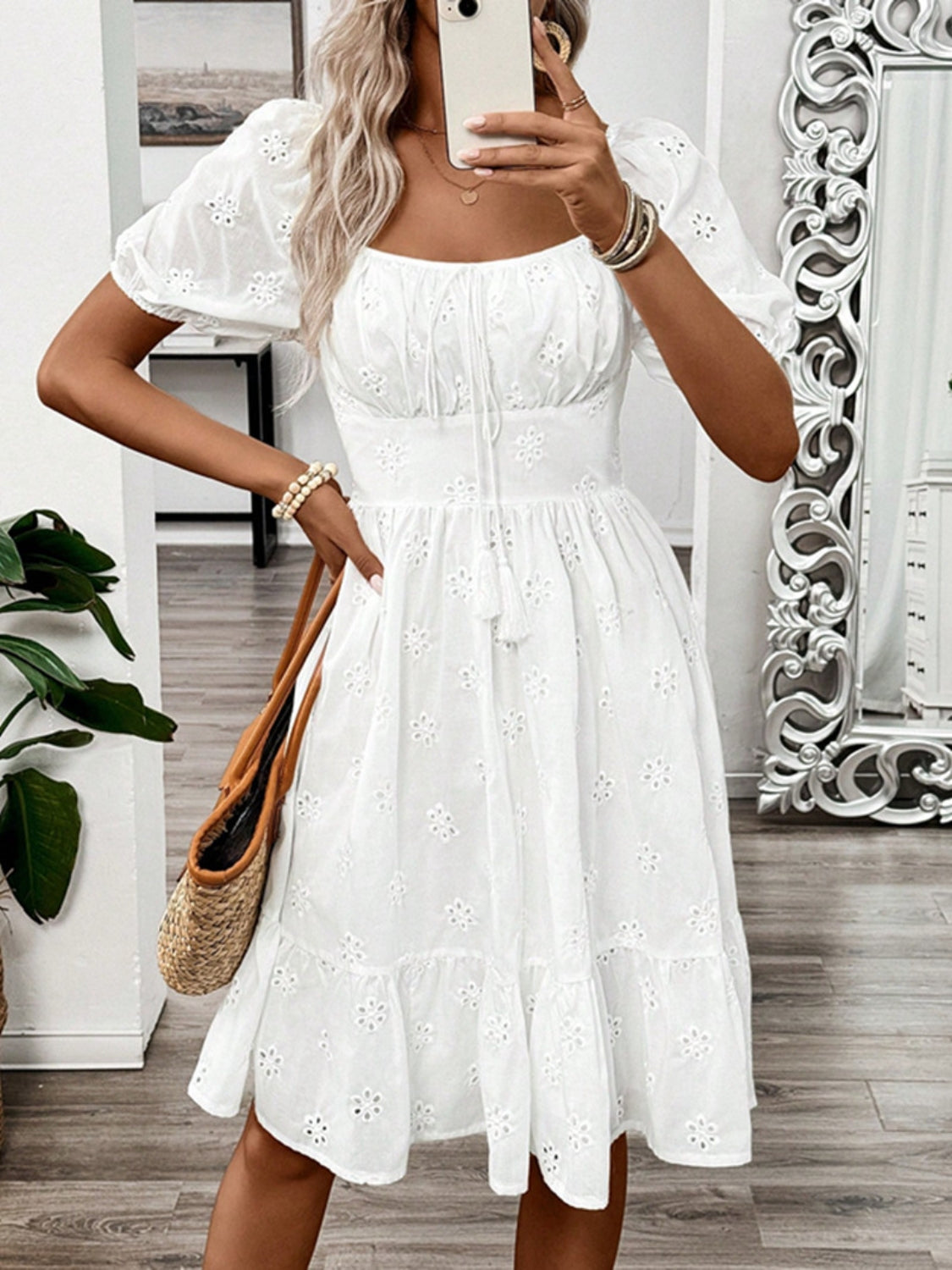 Smocked Eyelet Square Neck Puff Sleeve Mini Dress hip