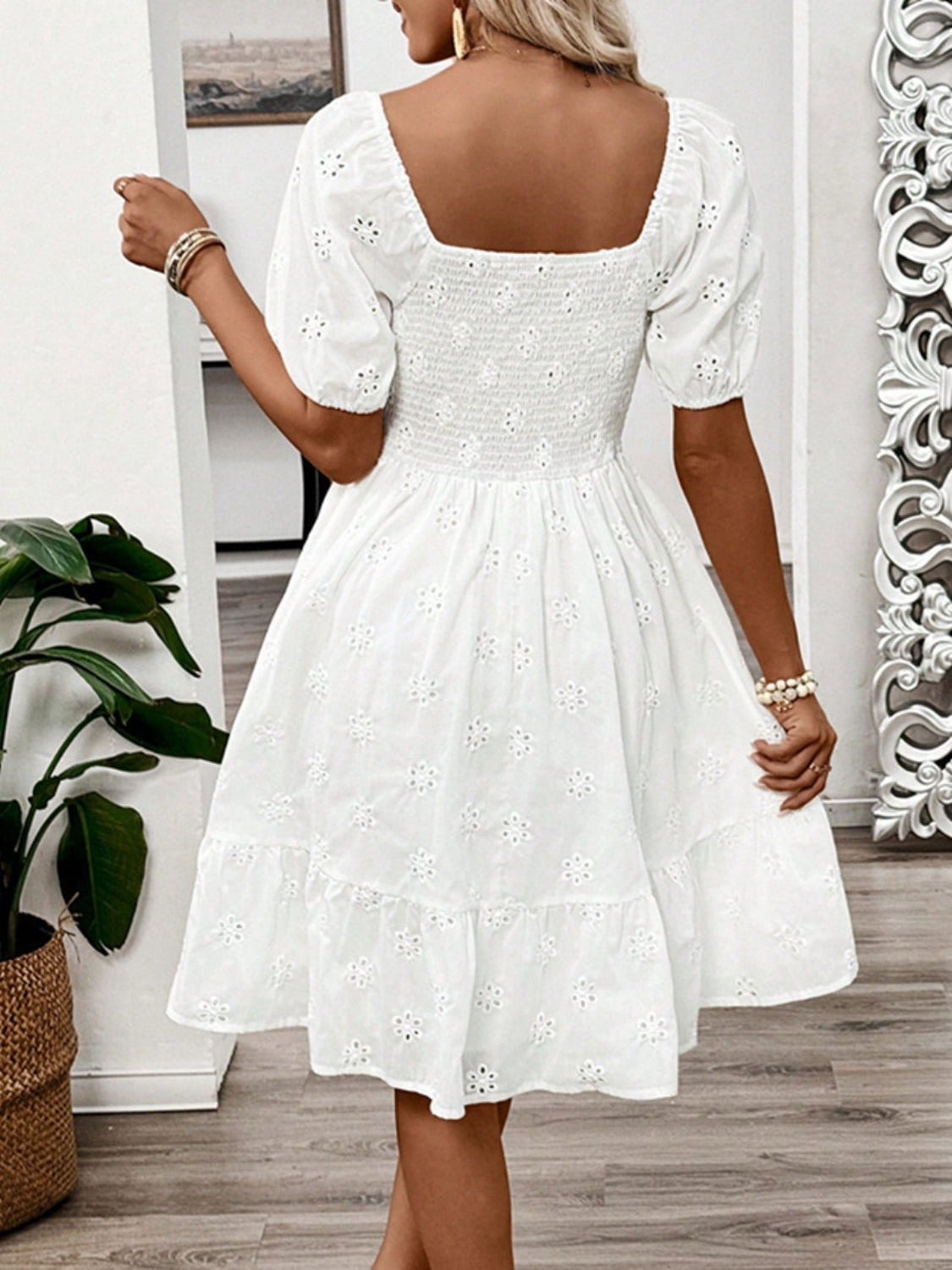 Smocked Eyelet Square Neck Puff Sleeve Mini Dress back