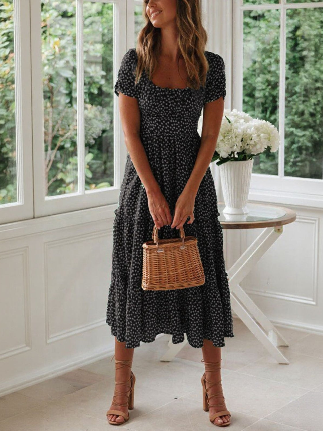 Printed Square Neck Short Sleeve Midi Dress black front