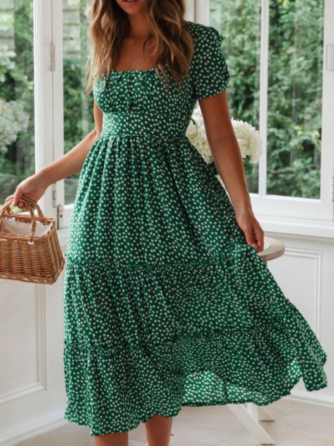Printed Square Neck Short Sleeve Midi Dress front
