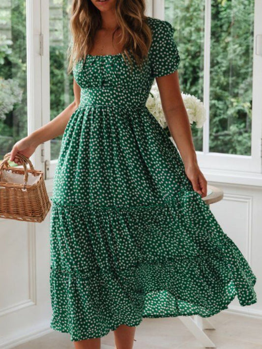 Printed Square Neck Short Sleeve Midi Dress front